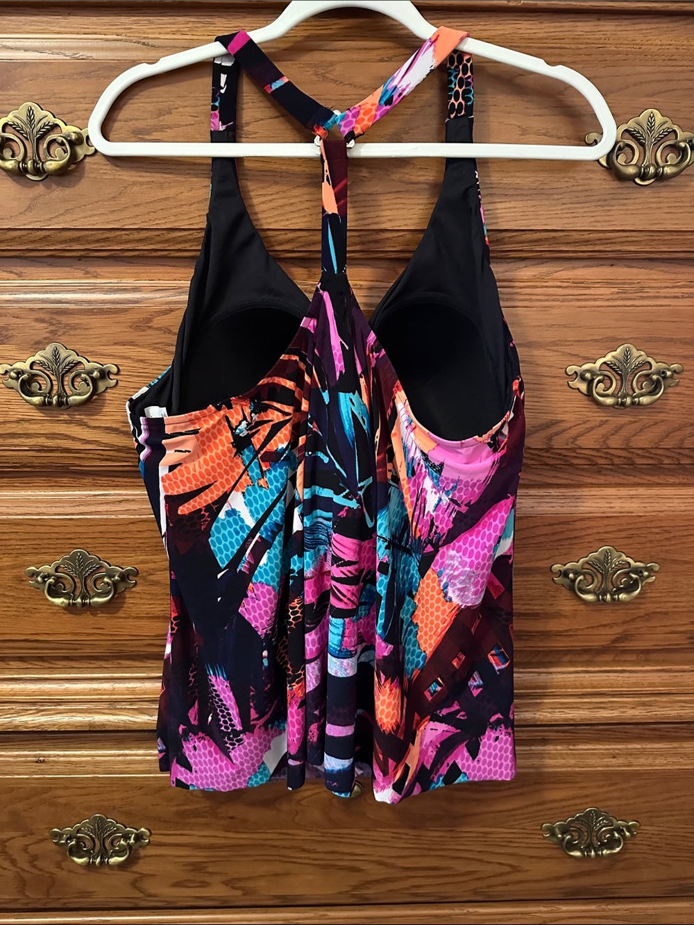 Aqua Green Multicolor Floral Print Tank swim top with Black Trim - Picture 2 of 6